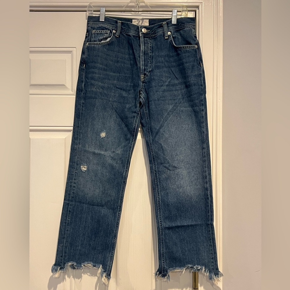 We The Free Free People Blue Distressed Straight Leg Cotton Jeans - Size 27